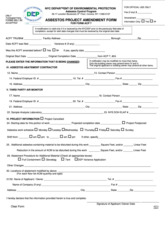 Fillable Asbestos Project Amendment Form - Nyc Department Of Environment Protection Printable pdf
