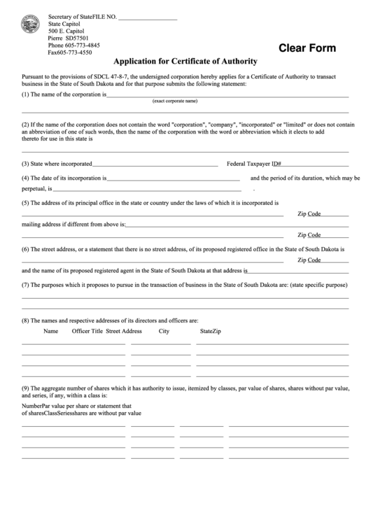 Fillable Application For Certificate Of Authority Form - Secretary Of State Printable pdf