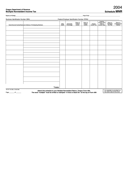 Fillable Form 150-101-154 - Schedule Mnr - Multiple Nonresident Income Tax - 2004 Printable pdf