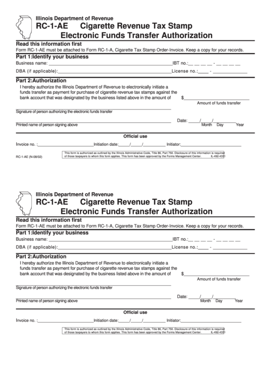 Form Rc-1-Ae - Cigarette Revenue Tax Stamp Electronic Funds Transfer Authorization Printable pdf