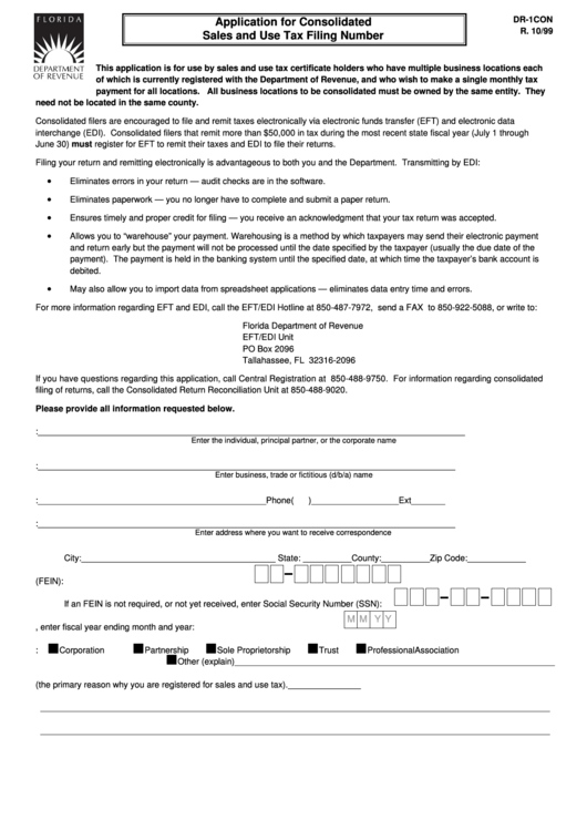 Form Dr-1con - Application Form For Consolidated Sales And Use Tax Filing Number - 1999 Printable pdf