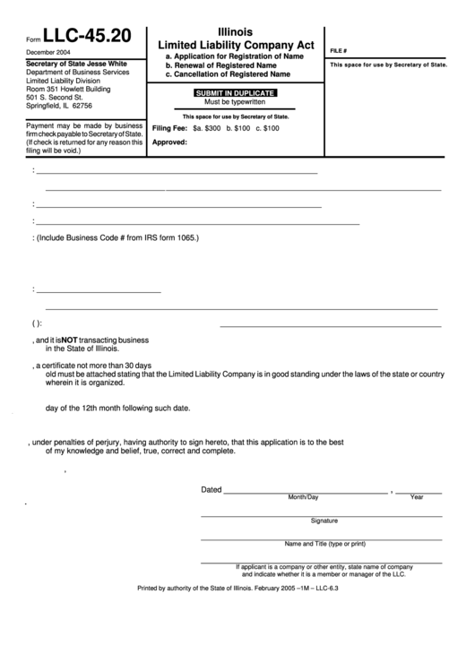 Fillable Form Llc-45.20 - Application For Registration Of Name / Renewal Of Registered Name / Cancellation Of Registered Name Printable pdf