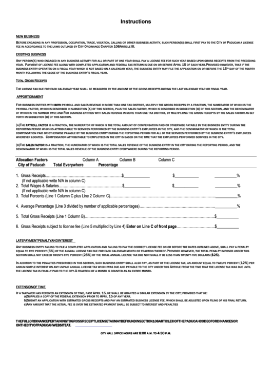 Instructions For Annual Gross Receipts License Fee Return - City Of Paducah Printable pdf