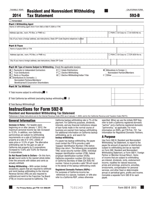 Fillable California Form 592-B - Resident And Nonresident Withholding Tax Statement - 2014 Printable pdf