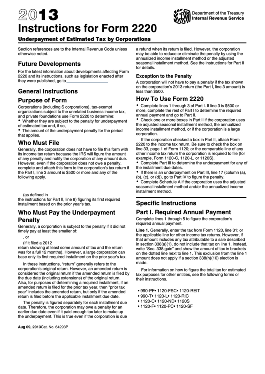 Instructions For Form 2220-Underpayment Of Estimated Tax By Corporations - 2013 Printable pdf