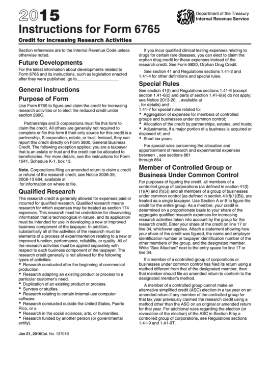 Instructions For Form 6765 - Credit For Increasing Research Activities - 2015 Printable pdf