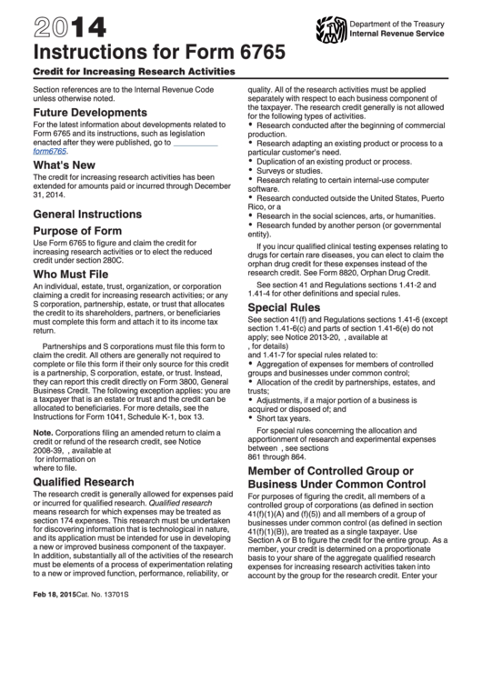 Instructions For Form 6765 - Credit For Increasing Research Activities - 2014 Printable pdf