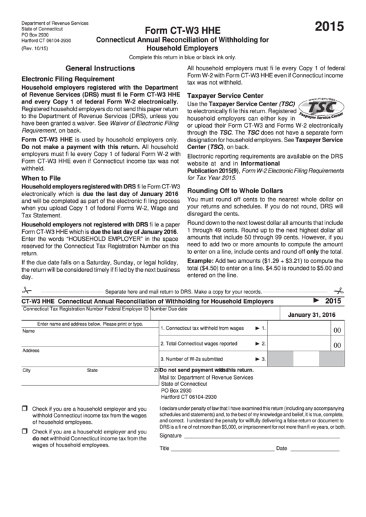 Form Ct-W3 Hhe - Connecticut Annual Reconciliation Of Withholding For Household Employers - 2015 Printable pdf