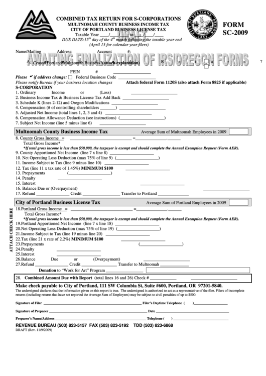 Form Sc-2009 Draft - Combined Tax Return For S-Corporations - 2009 Printable pdf