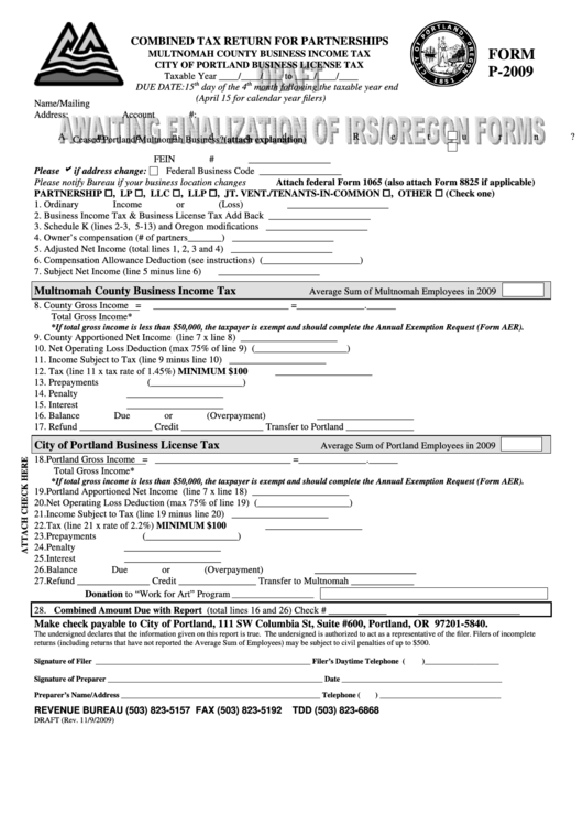 Form P-2009 Draft - Combined Tax Return For S-Corporations Printable pdf