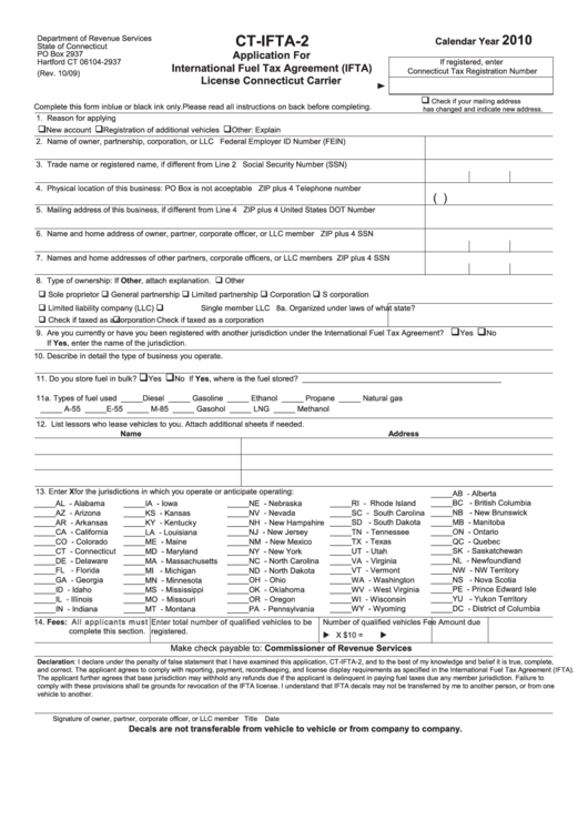 Form Ct-Ifta-2 - Application For International Fuel Tax Agreement-License Connecticut Carrier - 2010 Printable pdf