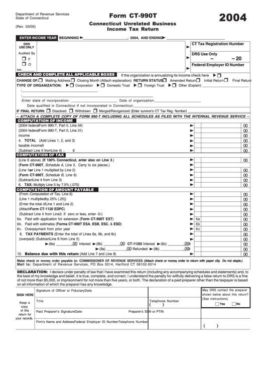 Form Ct-990t - Unrelated Business Income Tax Return - 2004 Printable pdf