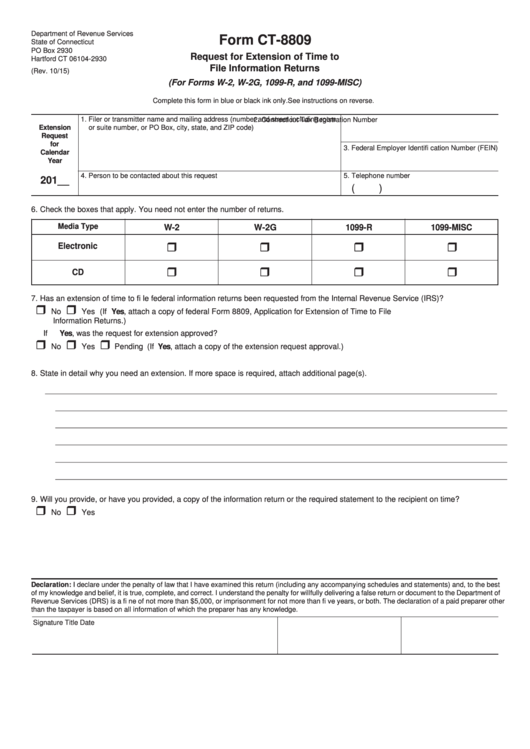 Form Ct-8809 - Request For Extension Of Time To File Information Returns Printable pdf