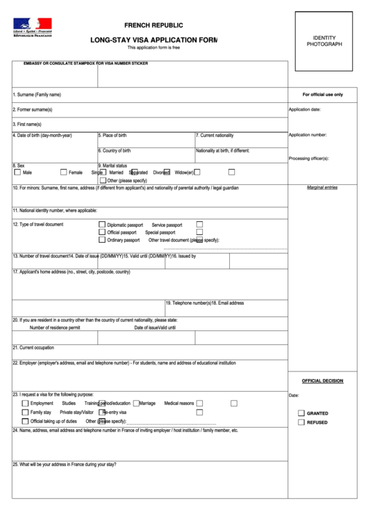 Fillable French Republoc-Long-Stay Visa Application Form Printable pdf