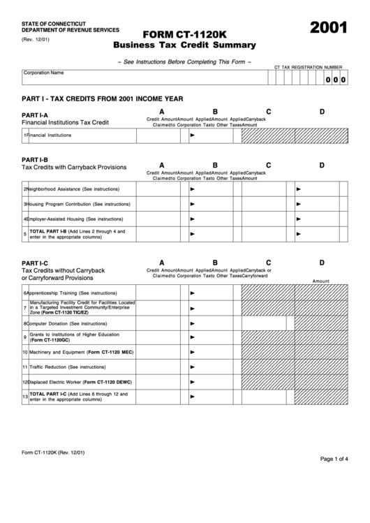 Form Ct-1120k - Business Tax Credit Summary (2001) Printable pdf