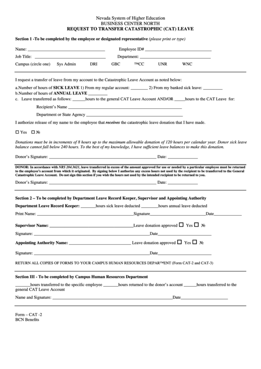 Request To Receive Catastrophic Leave-Business Center North-Nevada System Of Higher Education Form Printable pdf