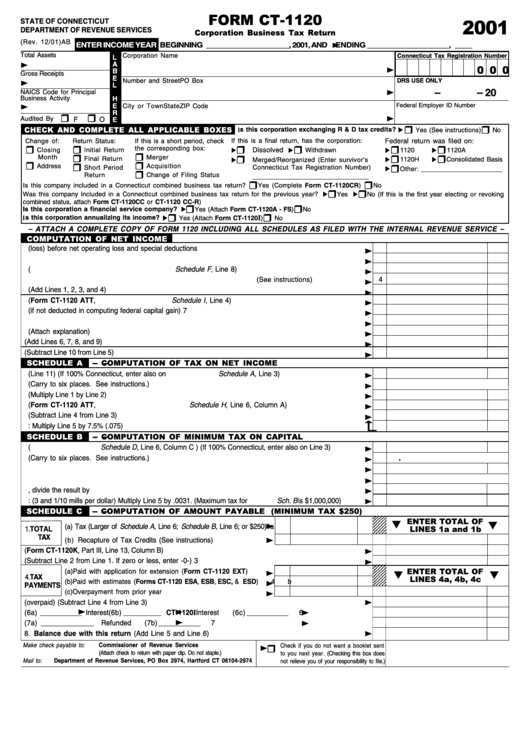 Form Ct-1120 - Corporation Business Tax Return 2001 Printable pdf