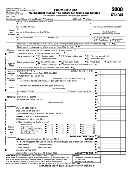 Form Ct-1041- Connecticut Income Tax Return For Trusts And Estates - 2000 Printable pdf
