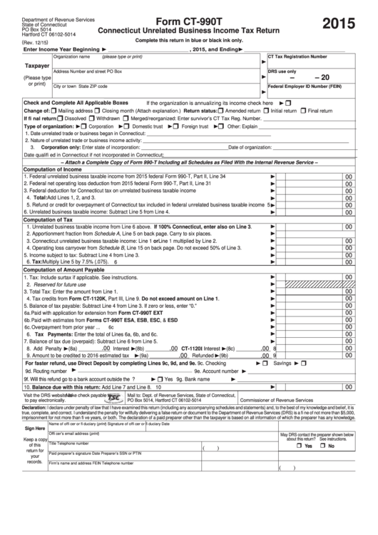 Form Ct-990t - Connecticut Unrelated Business Income Tax Return - 2015 Printable pdf