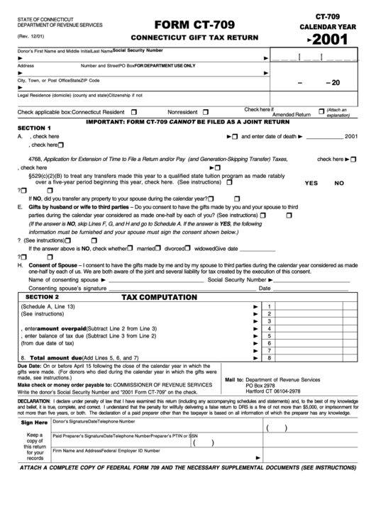 Form Ct-709 - Connecticut Gift Tax Return - 2001 Printable pdf