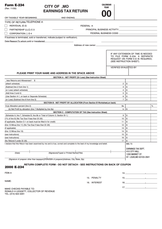 Fillable Form E-234 - Earnings Tax Return Printable pdf