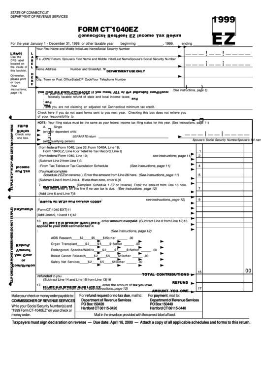 Form Ct-1040ez - Connecticut Resident Ez Income Tax Return - 1999 Printable pdf