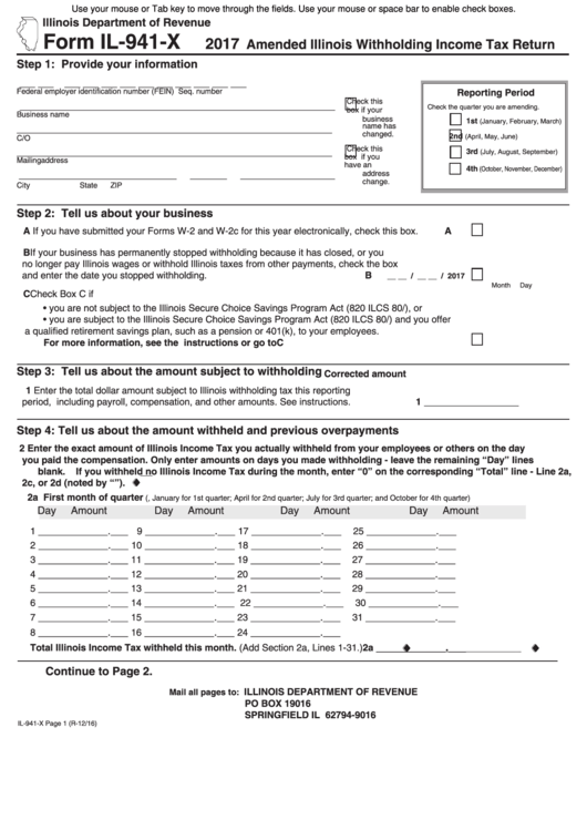 Fillable Form Il-941-X - Amended Illinois Withholding Income Tax Return - 2017 Printable pdf