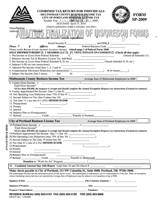 Form Sp-2009 Draft - Combined Tax Return For Individuals Printable pdf