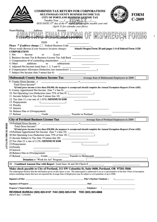 Form C-2009 Draft - Combined Tax Return For Partnerships - 2009 Printable pdf