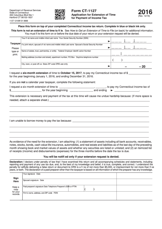 Form Ct-1127 - Application For Extension Of Time For Payment Of Income Tax - 2016 Printable pdf
