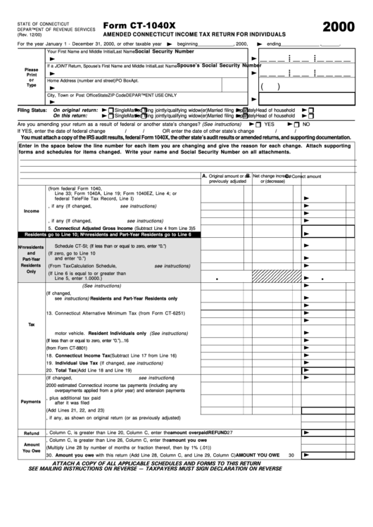 Form Ct-1040x - Amended Connecticut Income Tax Return For Individuals - 2000 Printable pdf