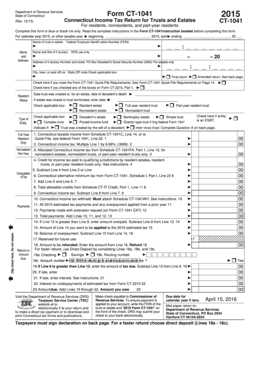 Form Ct-1041 - Connecticut Income Tax Return For Trusts And Estates - 2015 Printable pdf