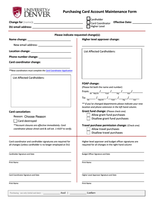 Purchasing Card Account Maintenance Form