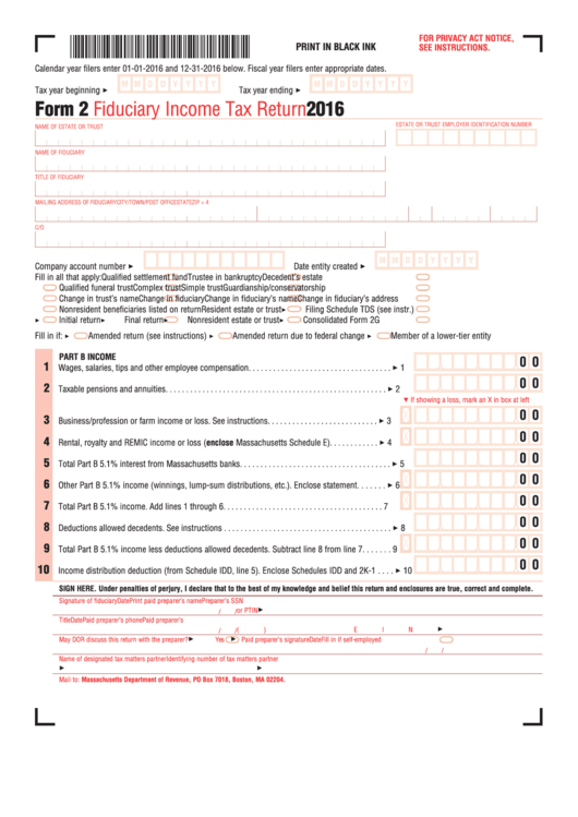 Form 2 - Fiduciary Income Tax Return - 2016 Printable pdf