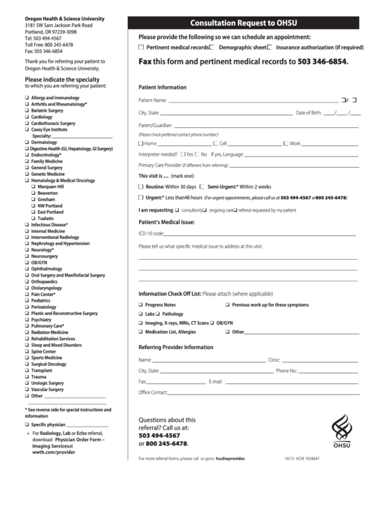 Fillable Consultation Request To Oregon Health & Science University Form Printable pdf