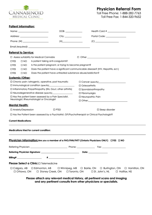 Cannabinoid Medical Clinic-Physician Referral Form Printable pdf