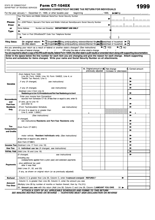 Form Ct-1040x - Amened Connecticut Income Tax Return For Individuals 