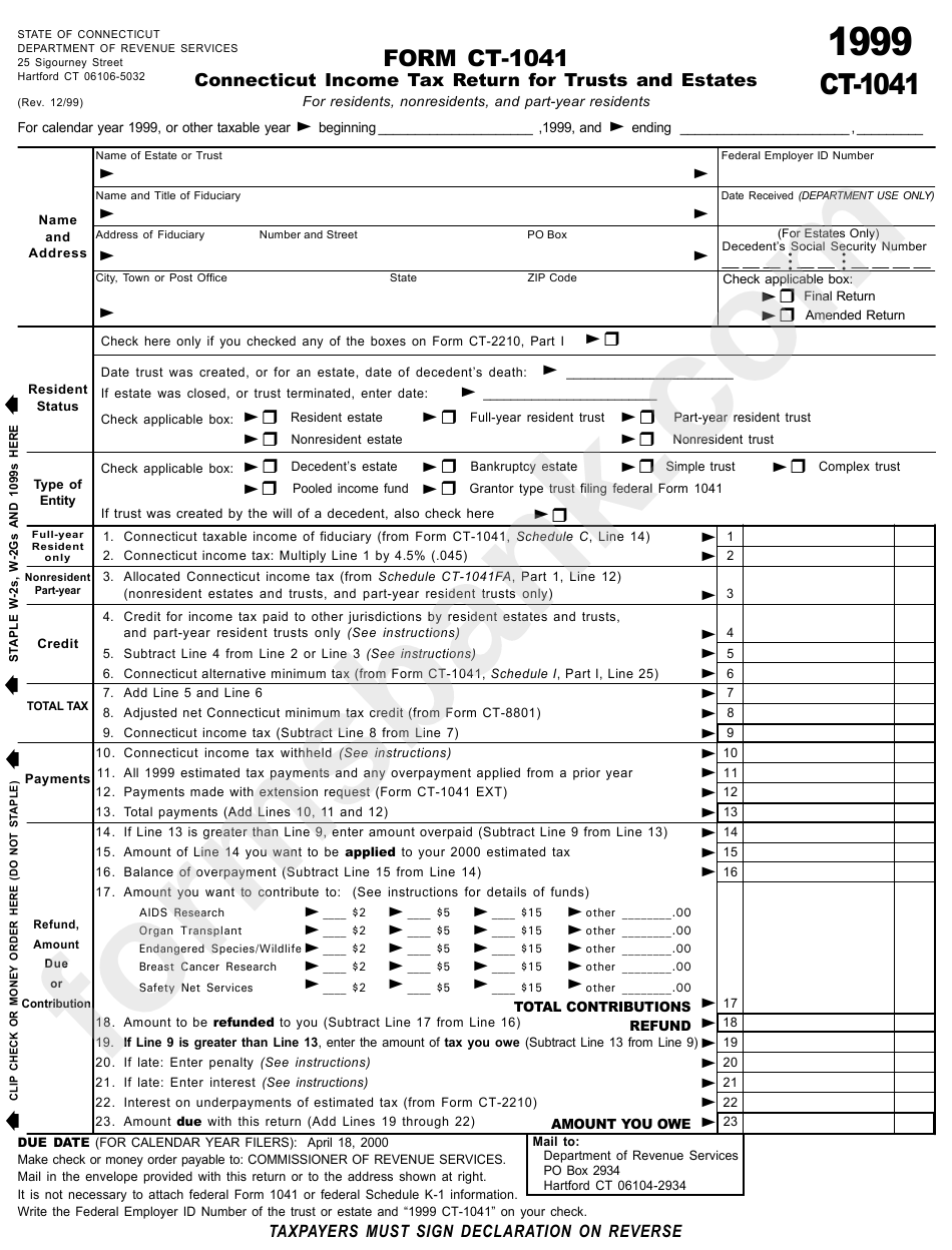 Form Ct-1041 - Connecticut Income Tax Return For Trusts And Estates