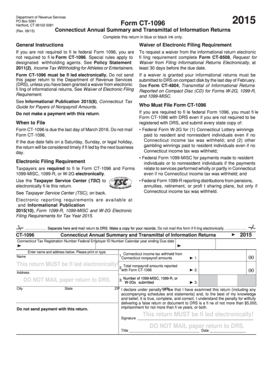 Form Ct-1096 - Connecticut Annual Summary And Transmittal Of Information Returns - 2015