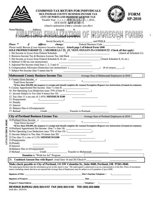 Form Sp-2010 Draft - Combined Tax Return For Individuals Printable pdf