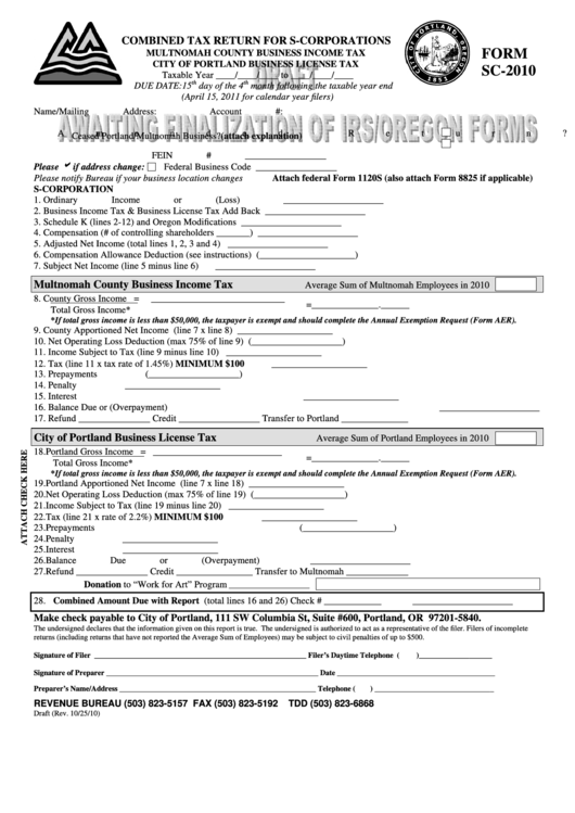 Form Sc-2010 Draft - Combined Tax Return For S-Corporations - 2010 Printable pdf
