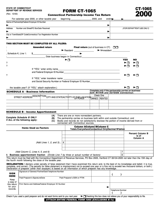 Form Ct-1065 - Connecticut Partnership Income Tax Return - 2000 Printable pdf