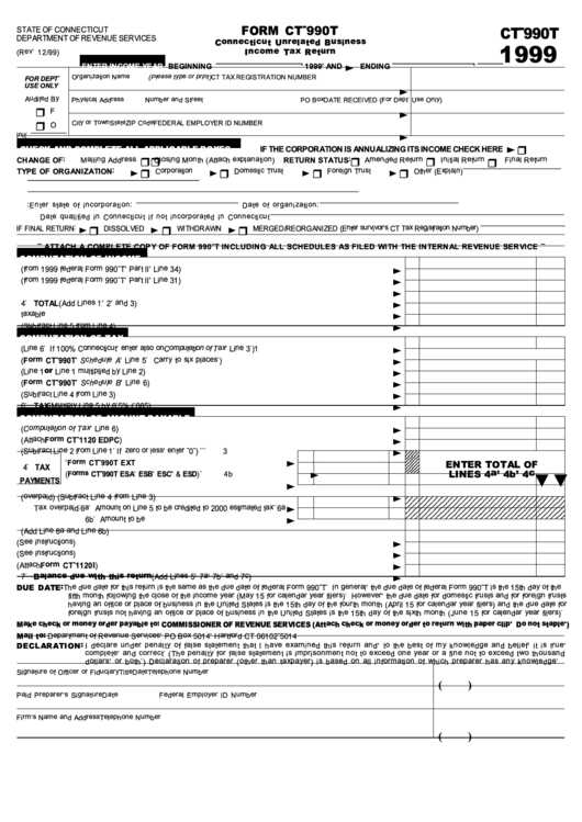 Form Ct-990t - Connecticut Unrelated Business Income Tax Return - 1999 Printable pdf
