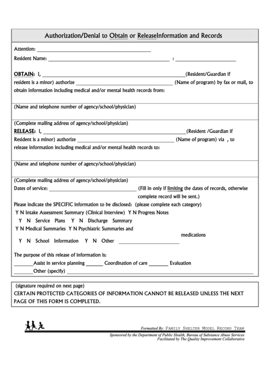 Authorization/denial To Obtain Or Release Information And Records Form Printable pdf