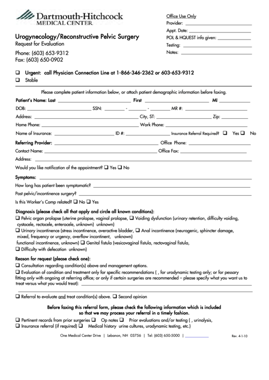 Urogynecology-Reconstructive Pelvic Surgery-Request For Evaluation Form-Medical Center Printable pdf