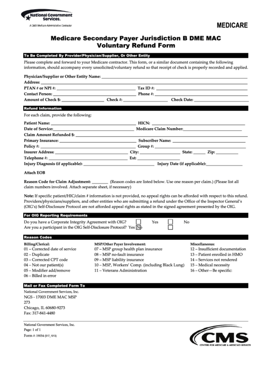 Fillable Form 19054 - Voluntary Refund Form Printable pdf