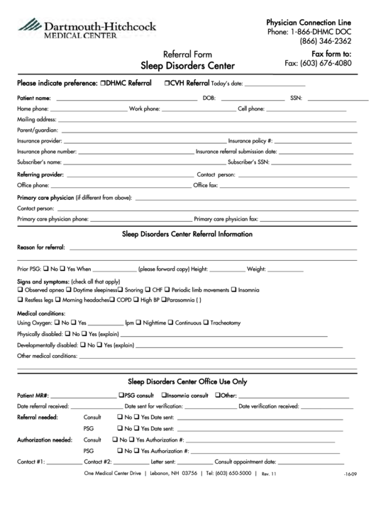 Sleep Disorders Center Referral Form Printable pdf