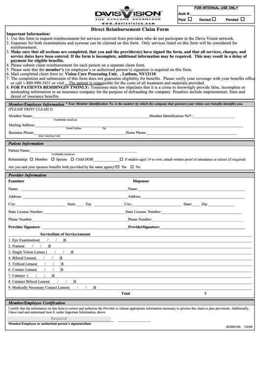 Form Sc00015a Direct Reimbursement Claim Form 2004 Printable Pdf Download