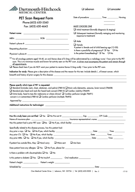 Pet Scan Request Form Printable pdf