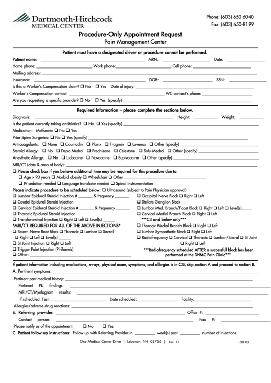 Pain Management Center-Procedure-Only Appointment Request Form Printable pdf